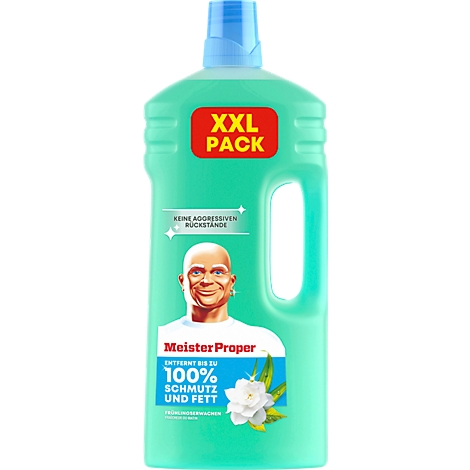 Türkise Plastikflasche Meister Proper Allzweckreiniger mit XXL-Pack-Aufkleber und Blumen-Motiv.