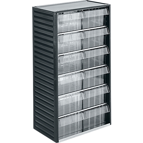 Gabinete gris oscuro con seis cajones transparentes. Los lados son acanalados.