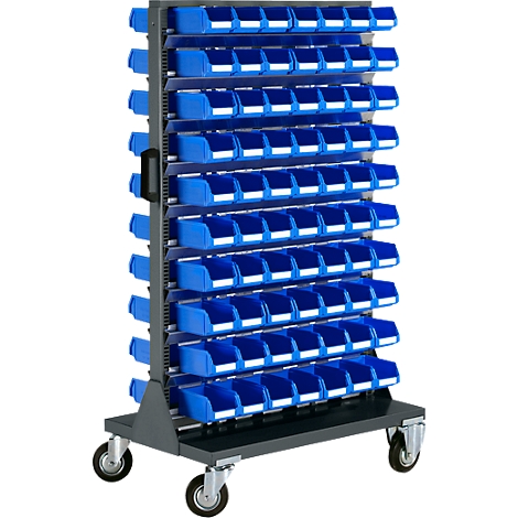 Un carro de taller móvil gris con muchas cajas de almacenamiento azules dispuestas en varios niveles.