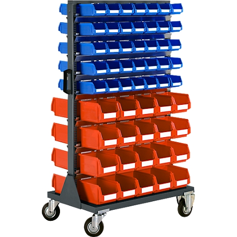 Carro de almacenamiento móvil con cinco filas de cajas azules y cuatro filas de cajas rojas sobre cuatro ruedas.