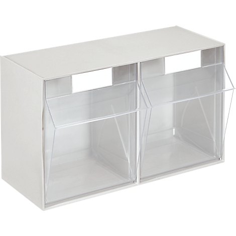 Caja de almacenamiento blanca con dos compartimentos. Los frentes son transparentes. Los compartimentos están ligeramente abiertos.