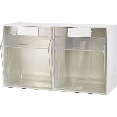 Estante de almacenamiento blanco con dos compartimentos, cada uno con un cajón transparente.