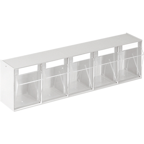 Estante blanco con cinco compartimentos transparentes. Los compartimentos son rectangulares y están divididos por puntales verticales.