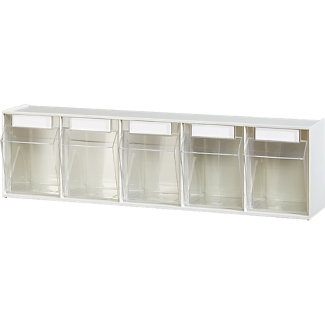 Estante de pared blanco y oblongo con cinco cajones transparentes. Cada cajón tiene un área de etiquetado blanca.