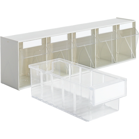Contenedor blanco con cajones transparentes y cajón transparente extraíble. Los cajones están destinados al almacenamiento.