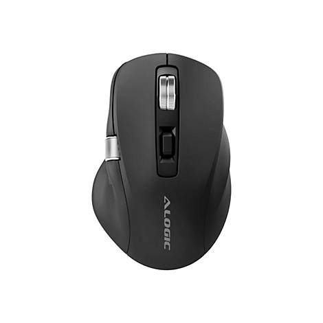 Schwarze kabellose ergonomische Maus mit silbernem Scrollrad und Alogic Logo.