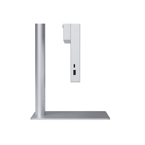 Silberne Dockingstation mit Standfuß, vertikalem Pfosten und schwebendem Modul mit USB-Anschlüssen.