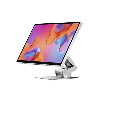 Moderner silberner Computermonitor mit verstellbarem Standfuß und abstraktem, farbenfrohem Bildschirmhintergrund.