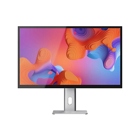 Moderner Monitor mit dünnem schwarzen Rahmen und silbernem Standfuß vor weißem Hintergrund.