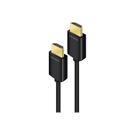 Zwei schwarze HDMI-Kabel mit goldfarbenen Anschlüssen vor weißem Hintergrund.