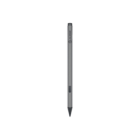 Grauer Eingabestift der Marke Alogic mit schwarzer Spitze und Logo auf weißem Hintergrund.