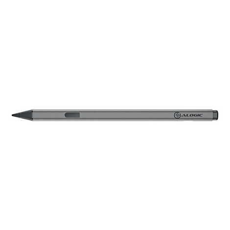 Grauer, schlanker Eingabestift mit ALOGIC-Logo vor weißem Hintergrund.