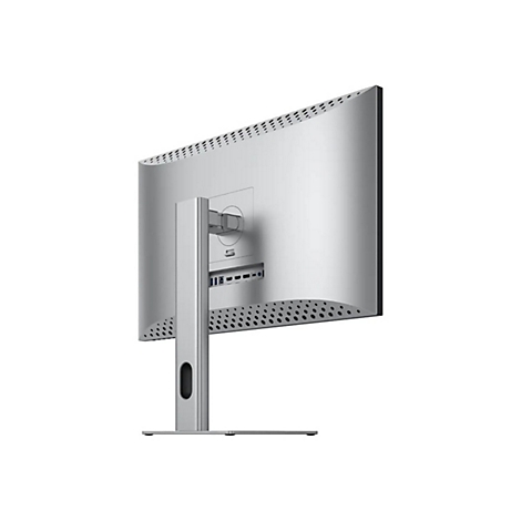 Rückansicht eines silbernen Computer-Monitors auf einem Standfuß vor weißem Hintergrund.