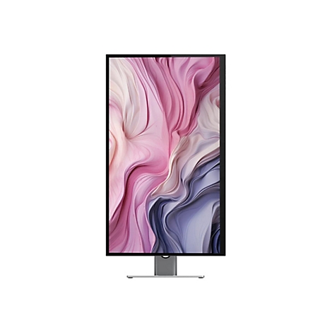 Ein hochkant ausgerichteter PC-Monitor mit einem abstrakten, fließenden rosa-lila Hintergrundbild.
