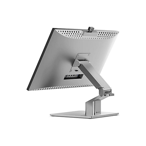 Rückansicht eines silbernen All-in-One-Computers auf einem verstellbaren Standfuß.