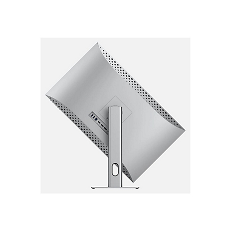 Rückseite eines silbernen Computerbildschirms auf einem Standfuß, mit Lüftungsöffnungen und Anschlüssen.