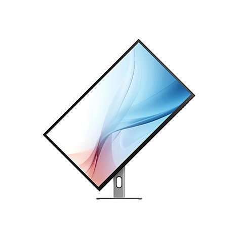 Computer-Monitor im Hochformat auf einem silbernen Standfuß vor weißem Hintergrund.