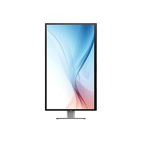 Ein hochkant ausgerichteter Computermonitor mit schmalem schwarzem Rahmen und Standfuß vor weißem Hintergrund.