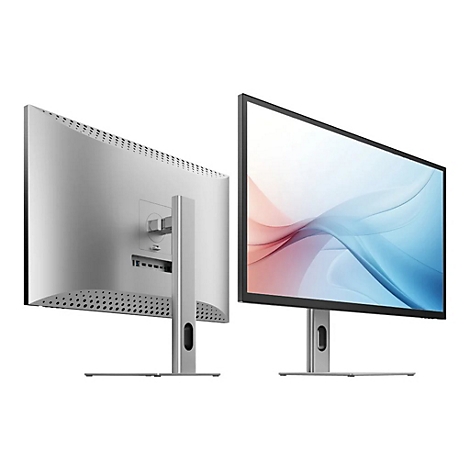 Silberfarbener Monitor von vorne und hinten vor weißem Hintergrund.