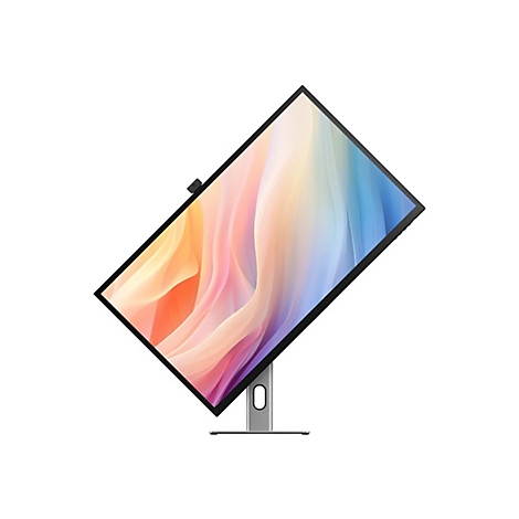Ein Computerbildschirm in Hochformat zeigt ein abstraktes, buntes wellenförmiges Design auf einem silbernen Standfuß.