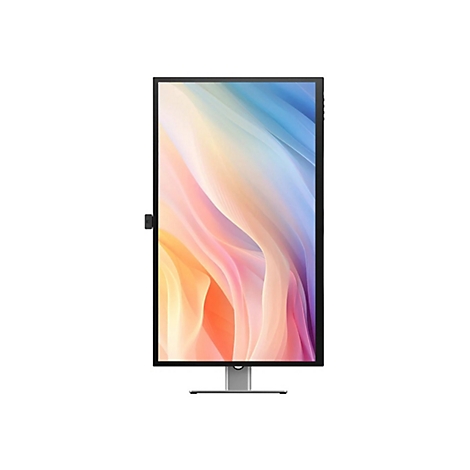 Ein hochkant ausgerichteter Computermonitor mit dünnem Rahmen vor weißem Hintergrund.