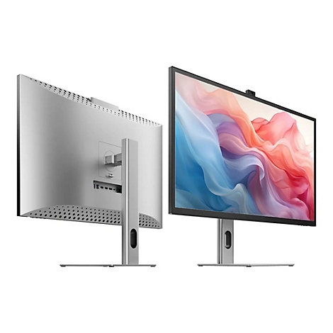 Silberner PC-Monitor mit Standfuß, von vorne und hinten gezeigt, mit abstraktem, buntem Bildschirmhintergrund.