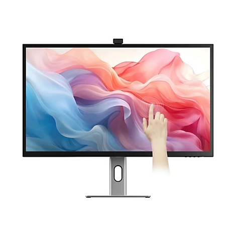 Ein moderner Monitor mit Kamera oben, auf dessen Display ein Finger eine Berührungsinteraktion ausführt.