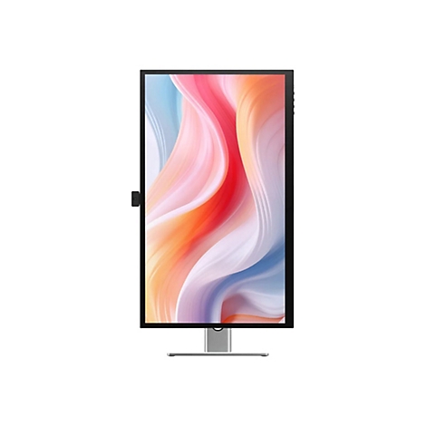 Hochkant aufgestellter Monitor mit abstraktem, bunt gewelltem Hintergrundbild auf einem silbernen Standfuß.