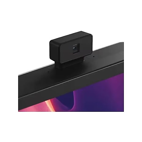 Schwarze Webkamera, die oben auf einem Monitor mit leuchtendem Display montiert ist.