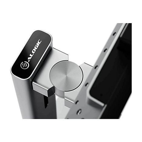 Detailansicht eines silbernen Aluminium-Monitorarms mit Alogic-Logo auf einem schwarzen Kopfstück.