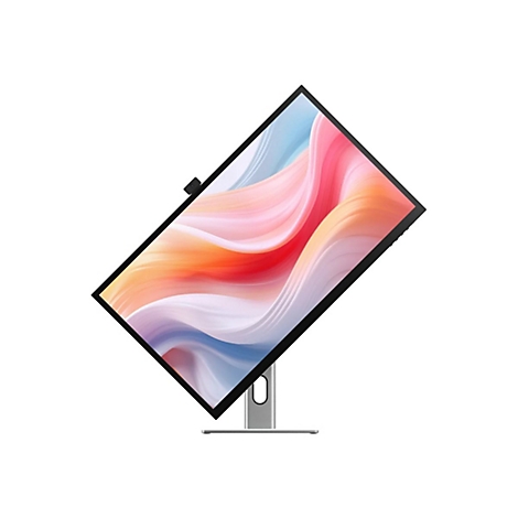 Ein im Hochformat gedrehter Monitor mit farbenfrohem, abstraktem Hintergrundbild vor weißem Hintergrund.