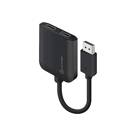 Schwarzer Alogic DisplayPort-Splitter mit kurzem Kabel und zwei DP-Ausgängen.