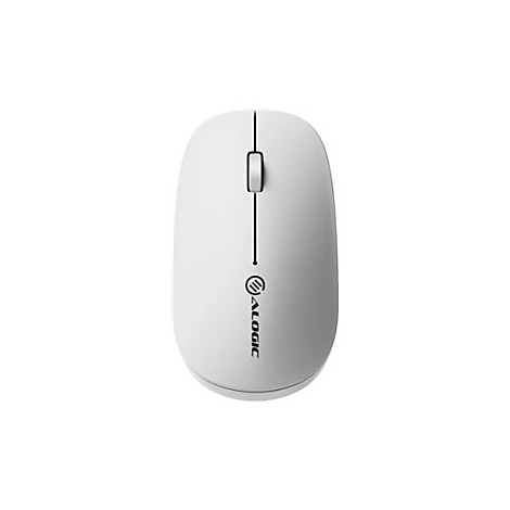 Weiße, kabellose Alogic Computermaus in Draufsicht mit mittigem Mausrad und Logo.