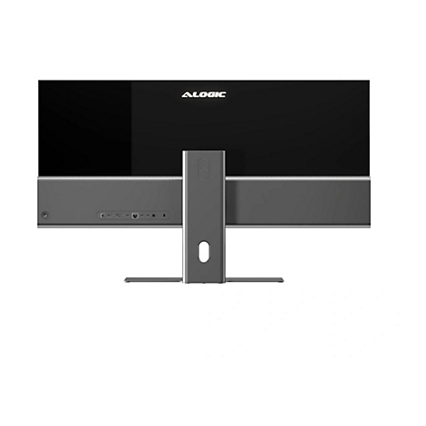 Rückseite eines Alogic-Monitors auf einem Standfuß, mit sichtbaren Anschlüssen und Logo vor weißem Hintergrund.