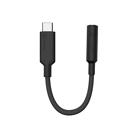 Schwarzer USB-C auf Klinken-Adapter mit geflochtenem Kabel und Alogic-Logo vor weißem Hintergrund.