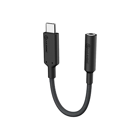 Schwarzer USB-C auf 3,5-mm-Klinkenadapter von Alogic mit geflochtenem Kabel.