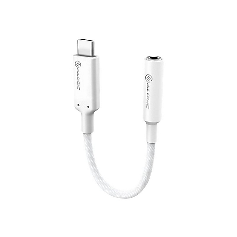 Weißer USB-C-auf-3,5-mm-Klinken-Adapter mit geflochtenem Kabel und Alogic-Logo vor weißem Hintergrund.