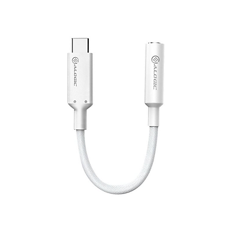 Weißer USB-C-auf-3,5-mm-Klinkenadapter von Alogic mit geflochtenem Kabel.