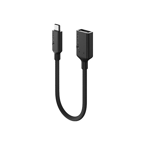 Schwarzes USB-C-auf-USB-A-Adapterkabel mit geflochtener Ummantelung vor weißem Hintergrund.