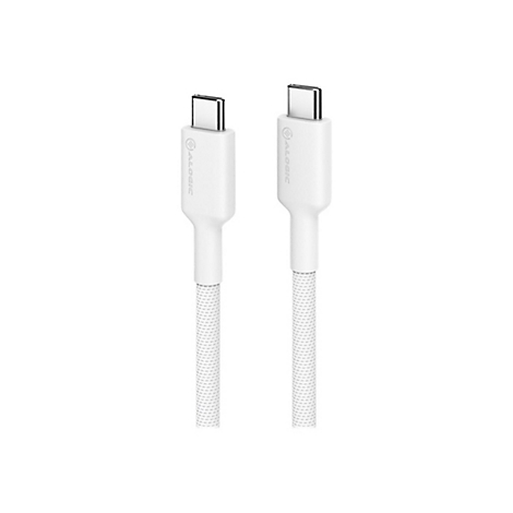 Zwei weiße USB-C-Kabel mit geflochtener Ummantelung und ALOGIC-Logo vor weißem Hintergrund.