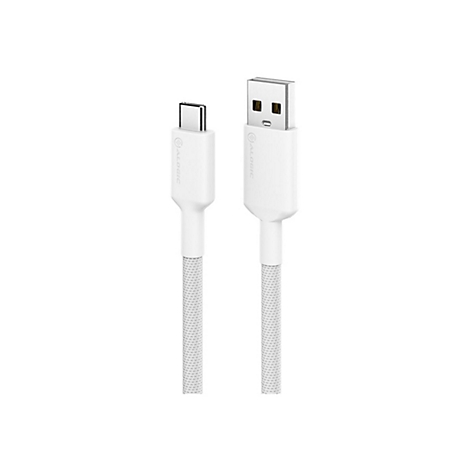 Weißes USB-C-auf-USB-A-Ladekabel mit umflochtenem Textilmantel vor weißem Hintergrund.