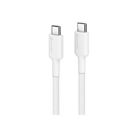 Zwei weiße USB-C-Stecker mit Textilummantelung und Alogic-Logo vor weißem Hintergrund.
