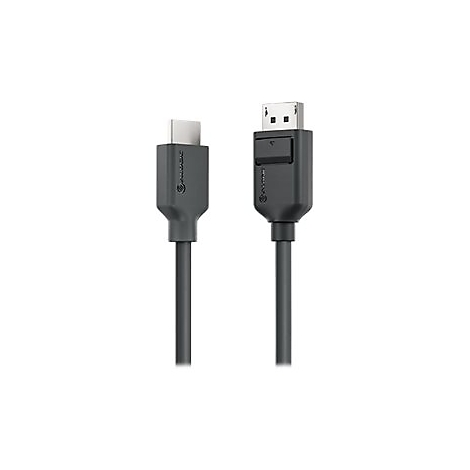 Zwei schwarze Kabelanschlüsse, HDMI und DisplayPort, vor neutralem Hintergrund.