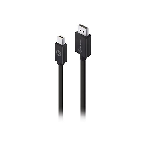 Schwarzes Kabel mit einem USB-C-Stecker links und einem DisplayPort-Stecker rechts vor weißem Hintergrund.