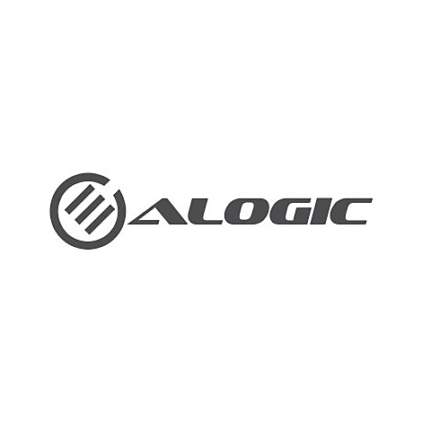 Graues Firmenlogo von Alogic, bestehend aus einem kreisförmigen Symbol mit drei diagonalen Strichen und dem Schriftzug.