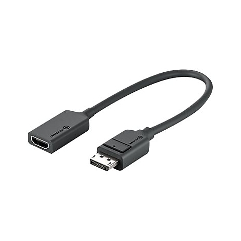 Schwarzer DisplayPort-zu-HDMI-Adapter mit kurzem Kabel vor neutralem Hintergrund.