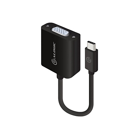 Schwarzer USB-C zu VGA-Adapter von Alogic vor weißem Hintergrund.