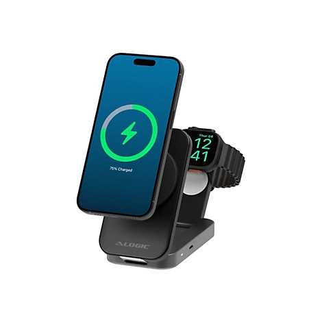 Schwarze 3-in-1 Ladestation von Alogic mit einem Smartphone, einer Smartwatch und Kopfhörern beim Laden.