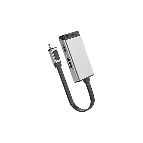 Silberner USB-C Multiport-Adapter mit schwarzem Kabel vor weißem Hintergrund.