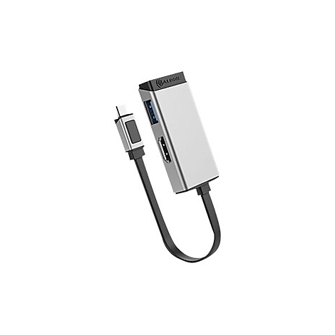 Silberner USB-C-Hub mit HDMI- und USB-Anschluss und schwarzem Verbindungskabel auf weißem Hintergrund.